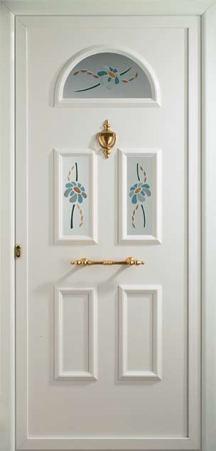 Puerta de entrada aluminio Sena con vidrio fussing margaritas