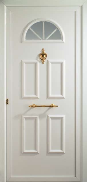 Puerta de entrada Sena con media luna de vidrio barrotillo blanco