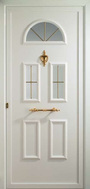 Puerta de entrada de aluminio Sena con barrotillo oro