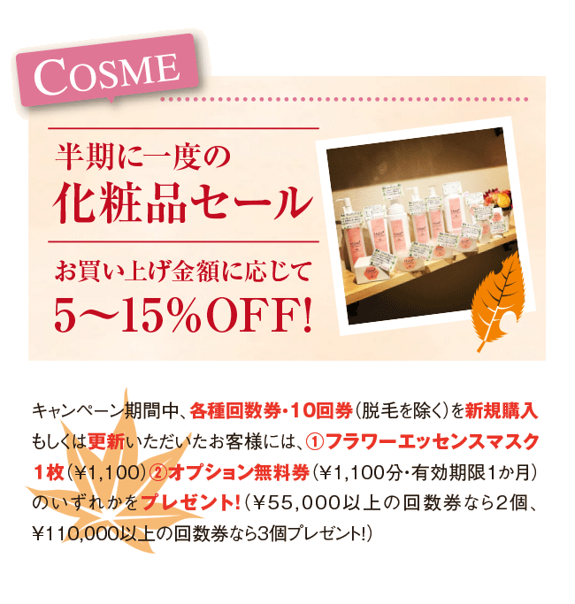 COSME 半期に一度の化粧品セール お買い上げ金額に応じて 5〜15％OFF! キャンペーン期間中、各種回数券・10回券（脱毛を除く）を新規購入もしくは更新いただいたお客様には、①フラワーエッセンスマスク１枚（￥1,100）②オプション無料券（￥1,100分・有効期限１か月）のいずれかをプレゼント ！ （¥55,000以上の回数券なら2個、¥110,000以上の回数券なら3個プレゼント！）