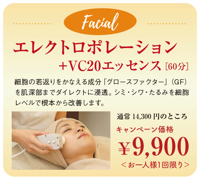 Facial フェイシャル エレクトロポレーション+VC20エッセンス [60分] 細胞の若返りをかなえる成分「グロースファクター」（GF）を肌深部までダイレクトに浸透。シミ・シワ・たるみを細胞レベルで根本から改善します。 通常14,300円のところ キャンペーン価格 9,900円 ＜お一人様1回限り＞