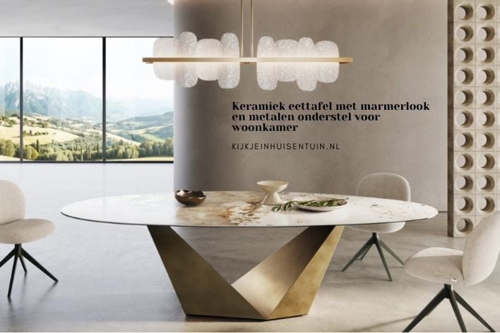 Keramiek eettafel met marmerlook en metalen onderstel voor woonkamer