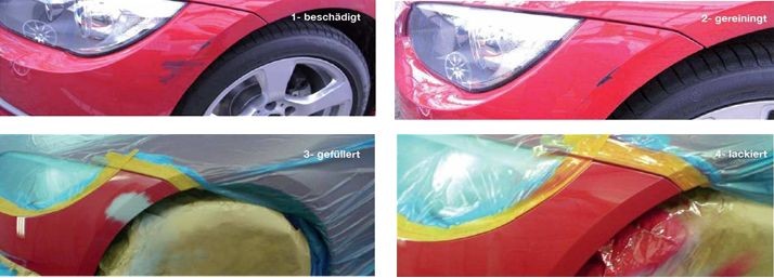 Die Arbeitsschritte bei "Spot-Repair": reinigen - füllern - lackieren - fertig.