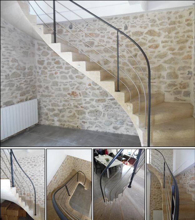 Rampe débillardée, main courante en fer rond et lisses en rond inox brossé. Métalu d'Oc