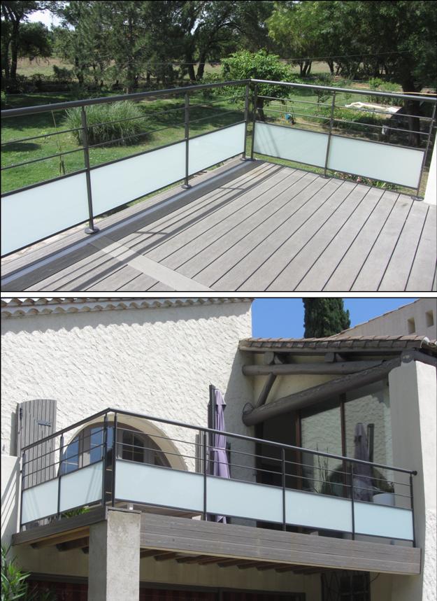 Garde corps de terrasse, soubassement par vitrage opale. Aubais, Gard (30) Métalu d'Oc