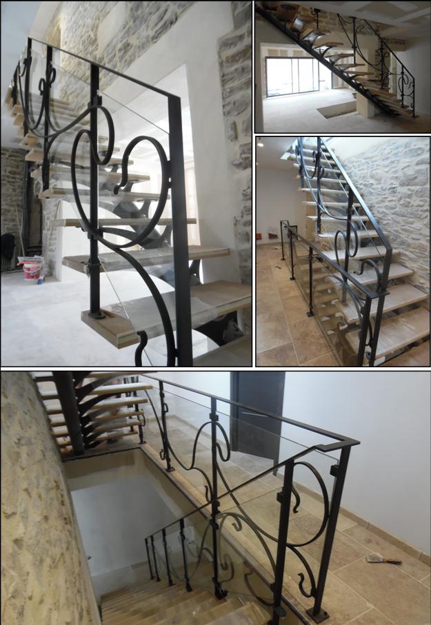 Rampe avec motif forgé et panneaux de verre, Calvisson, Gard (30) Métalu d'Oc