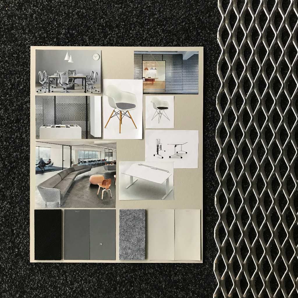 Moodboard mit Bildern und Materialien übersetzt die Identität in Bilder. Graue Herman Miller Bürostühle, weisser Vitra Eames Chair, Alu Streckmetall, grauer Filz, ...
