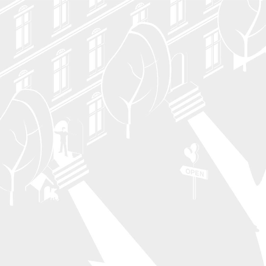 Weiterentwicklung einer Grafik für den Einsatz im Markenraum. Grafische Darstellung einer Häuserzeile mit Bäumen und einem OPEN Schild im Vorgarten