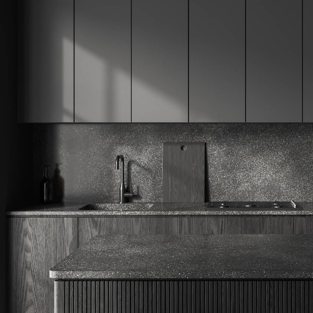 Interior Design Idee für eine dunkle Küche mit spannenden Materialien in Schwarz