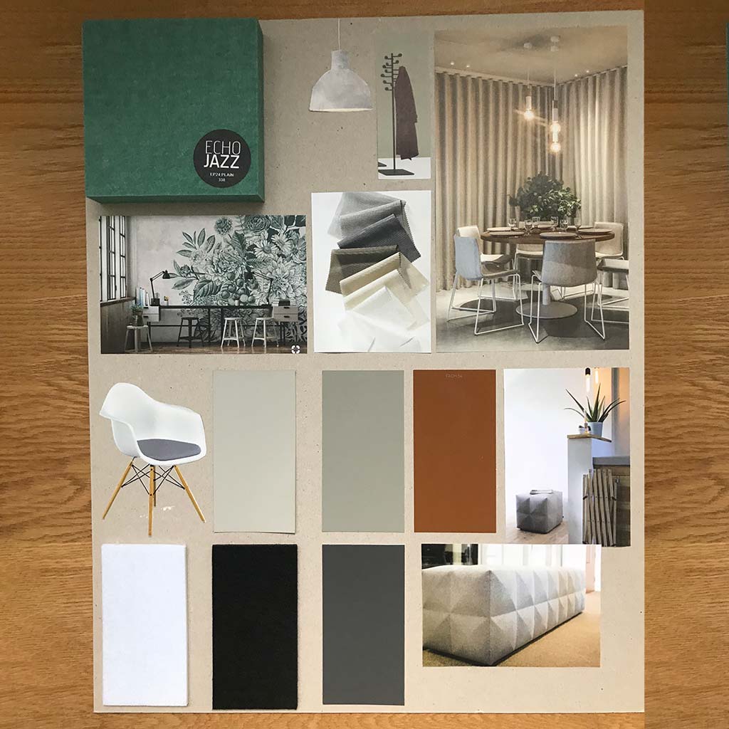 Ansicht eines Moodboard für die Gestaltung eines Markenraums. Gestaltungselemente wie Bodenbeläge, Tapeten, Bezugsstoffe werden farblich und materialtechnisch definiert.