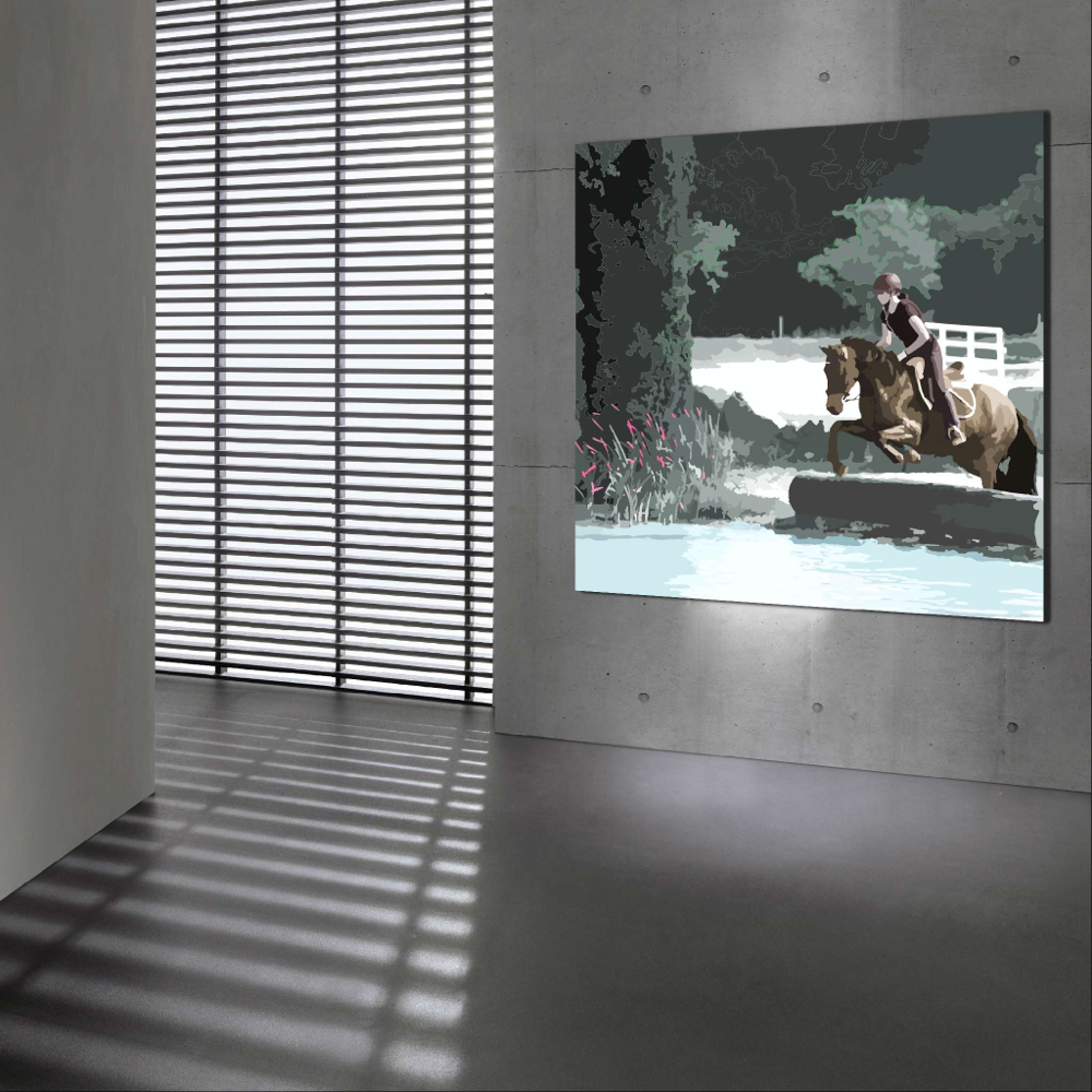 Vektorkunst, Titel: Sprung ins Wasser. Geländespringen Pferdesport mit Reiterin und Pferd. Kunstdruck, Megaposter auf Leinwand. 