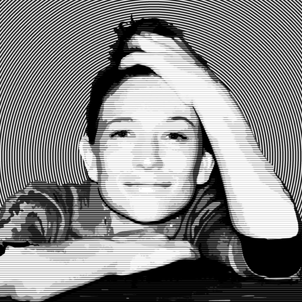 Streifen, Linien. Flächen formen ein Porträt einer Frau, welche sich ins Haar fährt. 