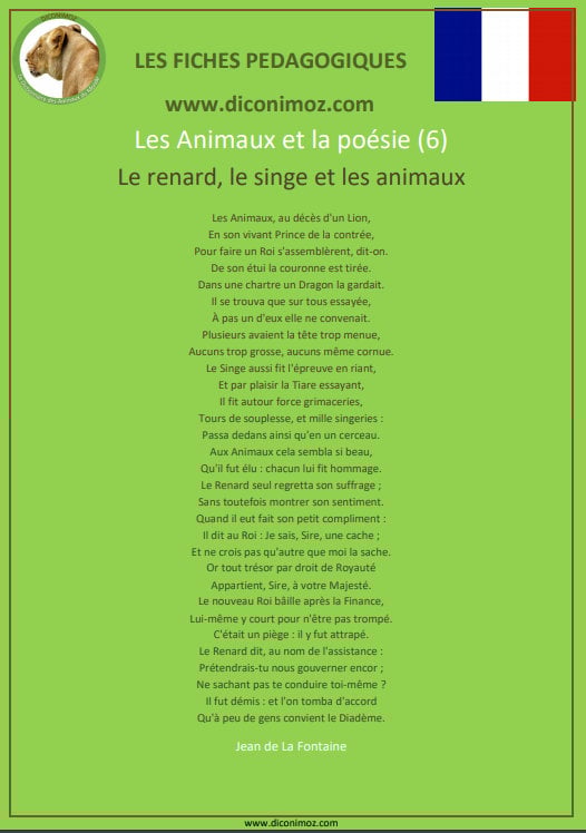 fiche pedagogique animaux et la poesie pdf le renard le singe et les animaux