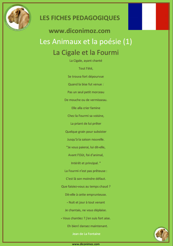 fiche pedagogique poesie cigale fourmi Lafontaine