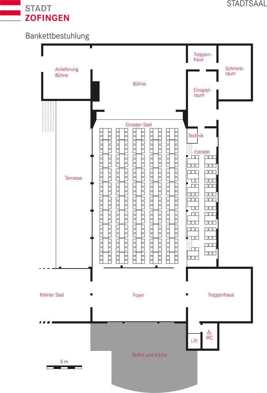 Grosser Saal Bankettbestuhlung Reihentische