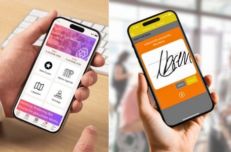 Bildcollage von zwei Smartphone nebeneinander. Auf beiden Smartphones ist eine Event-App geöffnet.