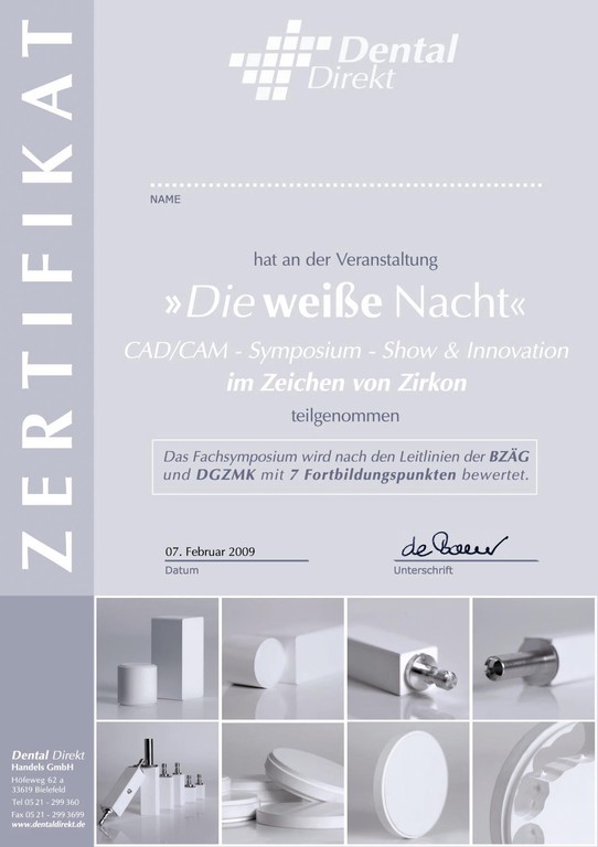 Zertifikat Dental Direkt "weiße Nacht"