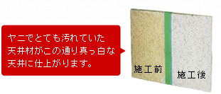 ヤニでとても汚れていた天井材がこの通り真っ白な天井に仕上がります