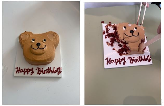 実際に食べたケーキ。だんだんと崩れていき悲惨な状態になっていくが、味はおいしく、みんなで楽しく食べることができた。