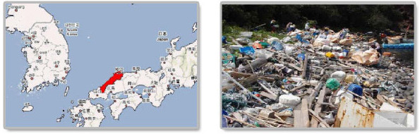 한반도-시마네의 위치, 사마네해안의 쓰레기