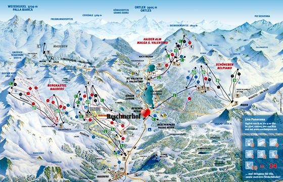 Pistenplan oder Skipistenplan der Ferienregion Reschenpass bei Nauders im Vinschgau, Südtirol