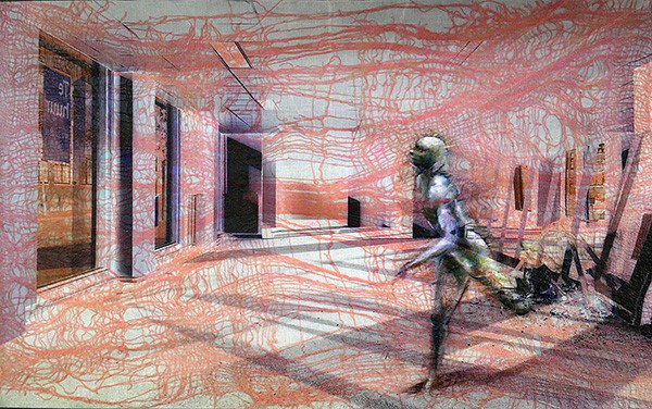 Titel: The Run out - Techniek: jute / linnen / olieverf -  Kunstenaar:  Lawrence Kwakye