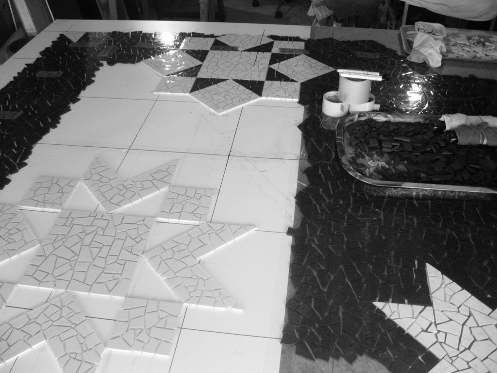 mosaïque de sol, 5x5 grès cérame casson 5x5, Flocons en cours de travail