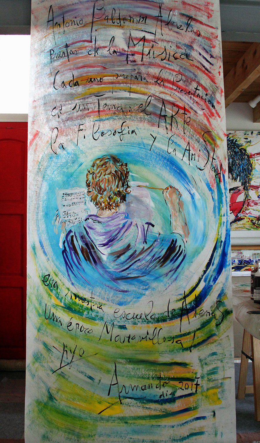 TONÍO, LE BEAU CHEMIN DE LA MUSIQUE, acrylique sur support synthétique, 2.40 m x 100 cm, 2017