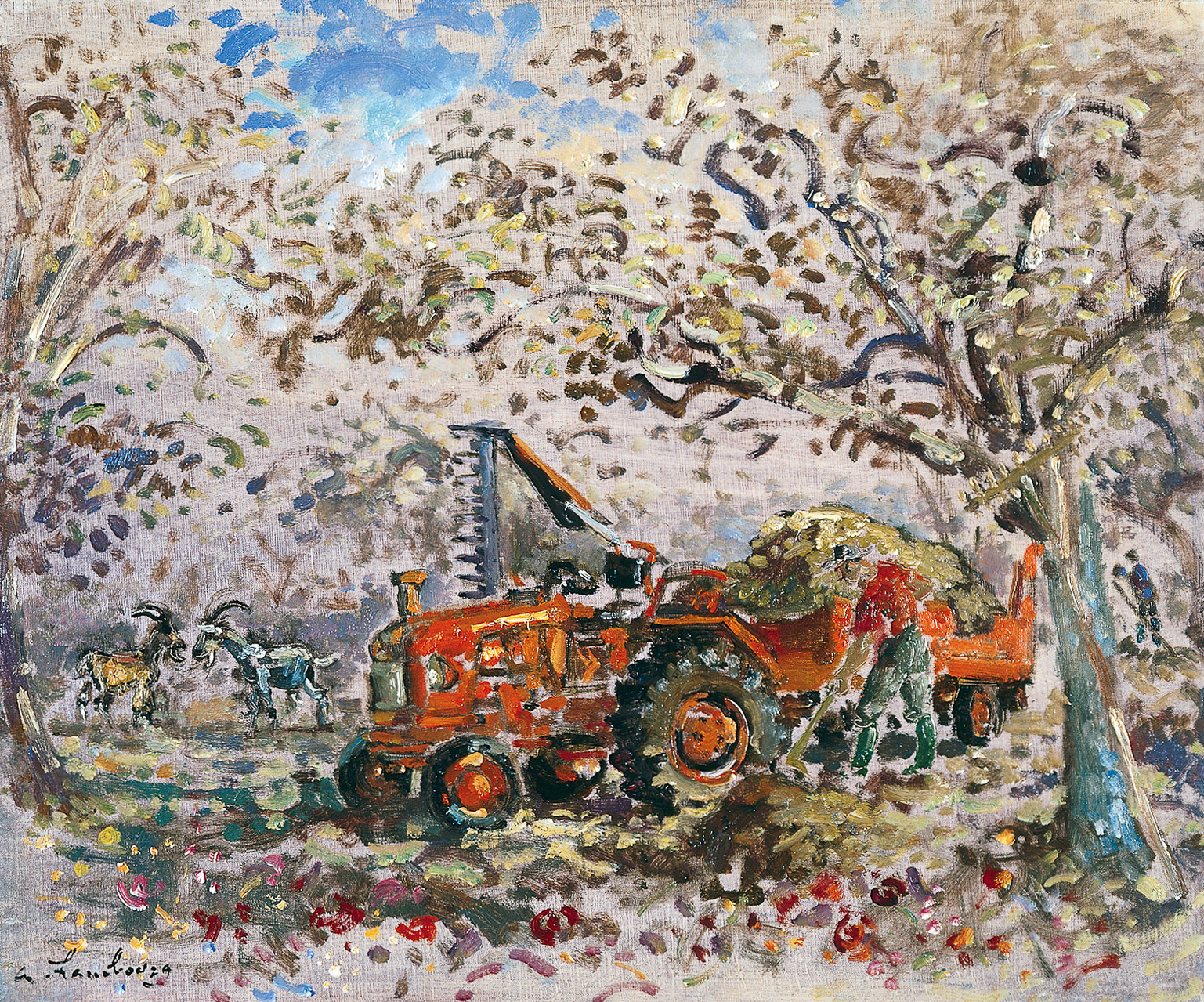 «Le tracteur, les chèvres et le foin» circa 1972, 54cmx65cm, EN19