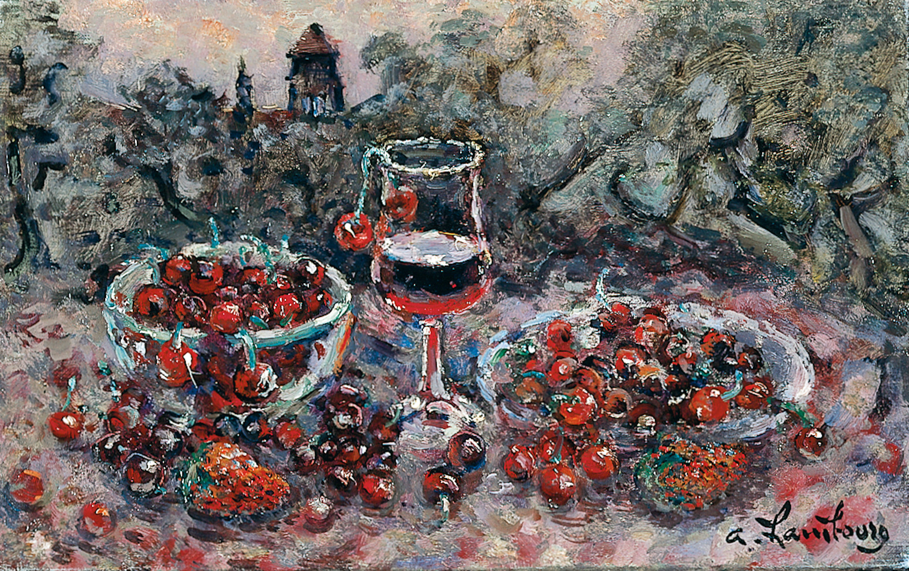 «Cerises, deux fraises et vin rouge» 1985, 22cmx35cm, VS113