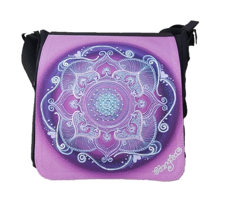 Schultertaschen Mandala, btangled, Austauschklappe, pink, violett, weiss, Blume des Lebens, www.passion-of-nature.ch