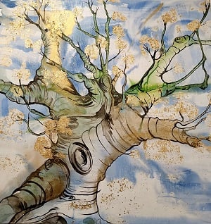 Himmelsbaum, aus der Serie Jahreskraftbäume, Tusche, Blattgold, Lack / Leinwand, 80 x 80 cm