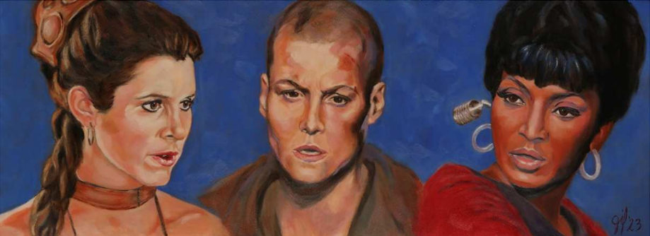 Gabriele Ingeborg Frisch, Sci-Fi-Ikonen Leia Organa , Ellen Ripley, Nyota Uhura, Acryl, 80 x 30 cm