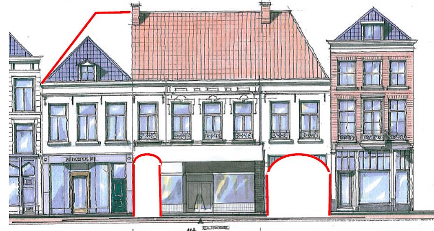 In rood aangegeven de oorspronkelijk opzet van het voorhuis (impressiebeeld Geesink Weusten)