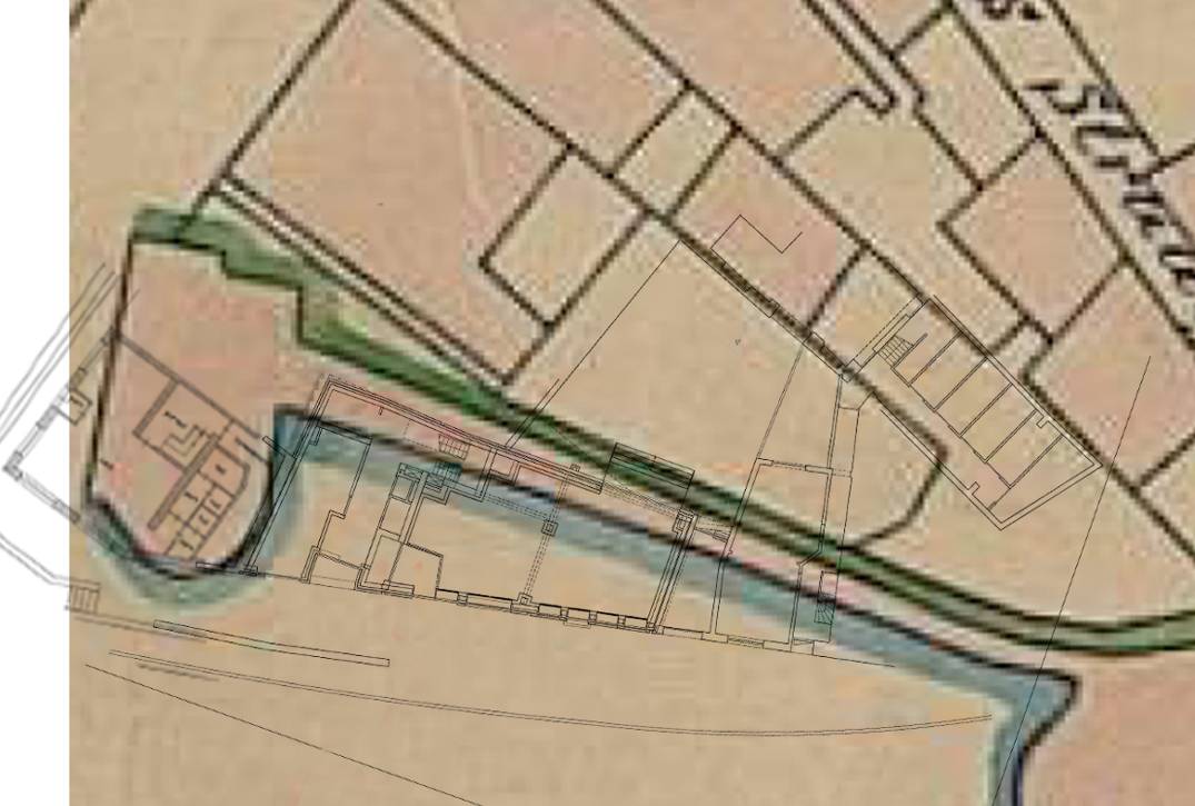 Projectie van de plattegrond van Roerkade 15 op de kadastrale kaart van 1817. 