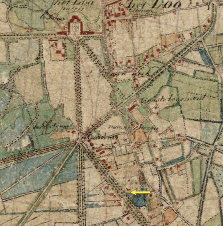 Topografische kaart uit 1843, met daarop de laanstructuur van Het Loo. De locatie van de nieuwbouw is met de gele pijl aangeduid. 