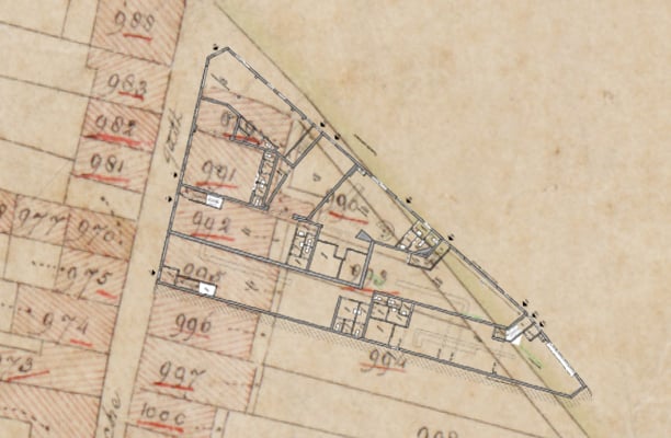Projectie van de huidige situatie op de kadastrale minuutkaart, vóór de ontmanteling van de vesting.