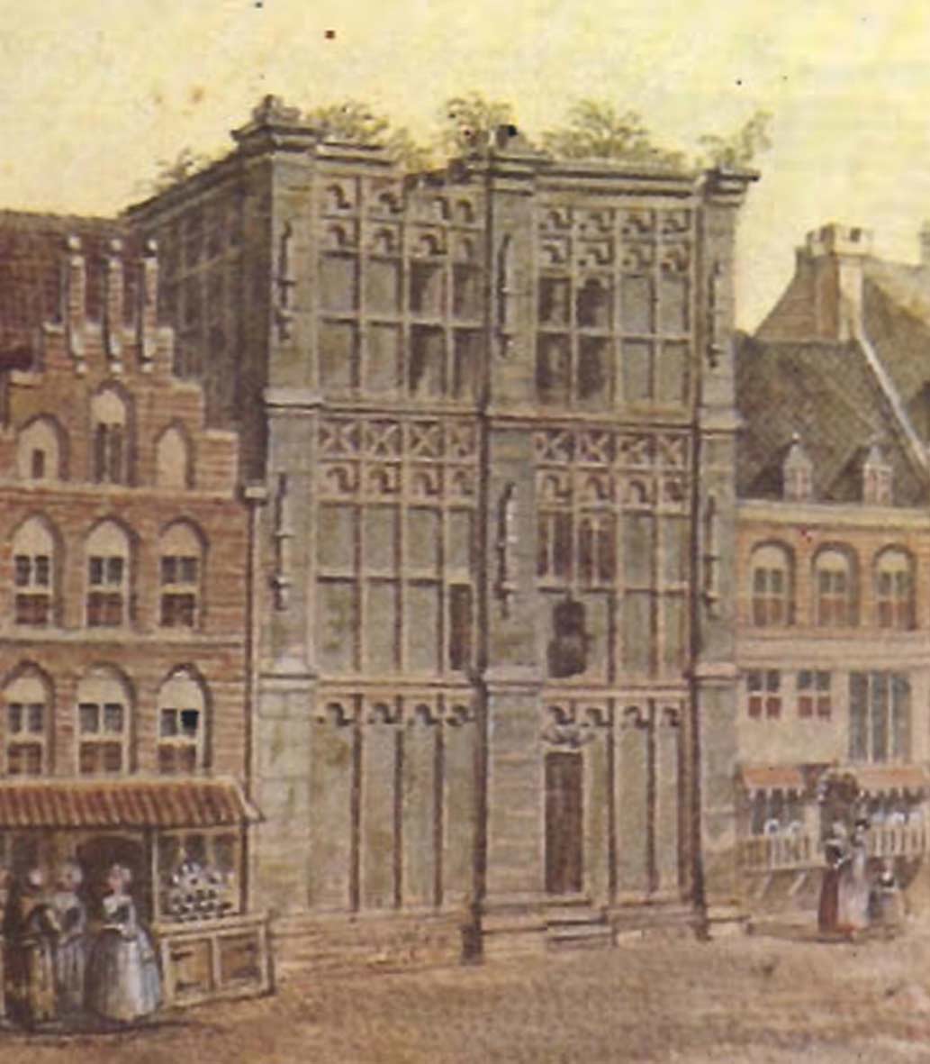 De Grauwe Thooren, gelegen op de locatie van het huidige pand, J. de Beijer 1744. 