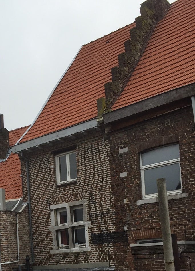 Achtergevel van nummer 14 en 12: een gedeelde geschiedenis. Kruisvenster en trapgevel (brandmuur)