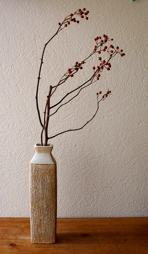 野ばらの実　／　四角長花入れ