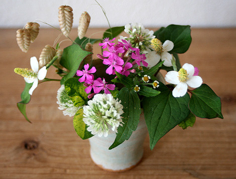 野の花アレンジ　どくだみ、コバンソウ、ハキダメギク、ムシトリナデシコ　　　／　てのひらフリーカップ