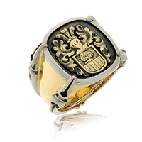 Vollwappen in Gelbgold auf Wappenring (Gremlin) in Gelbgold und Weissgold