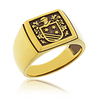 Wappenring in Gelbgold, Klassik-Cushion Form mit Wappen von Kunde.