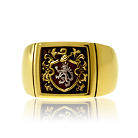 Wappenring in Gelbgold und Weissgold, Klassik-Cushin Form mit Wappen auf rotem Grund auf Kundenwunsch