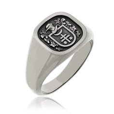 Klassischer Wappenring in Edelstahl, angefertigt auf Kundenwunsch. Männerschmuck kaufen in Zürich bei der Goldschmiede OBSESSION.