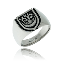 Wappenring in Schildform und Wappen-Motiv in Weissgold