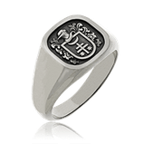 Ein klassischer Wappenring aus Edelstahl, angefertigt nach Kundenwunsch von der Goldschmiede Obsession.