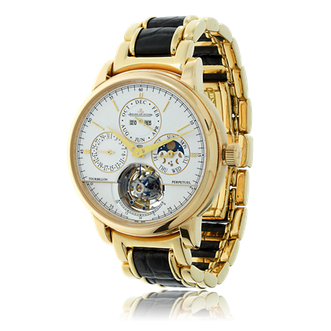 Herrenuhr von Jaeger LeCoultre mit einem Armband in Rotgold und Leder. Männerschmuck kaufen in Zürich bei der Goldschmiede OBSESSION.