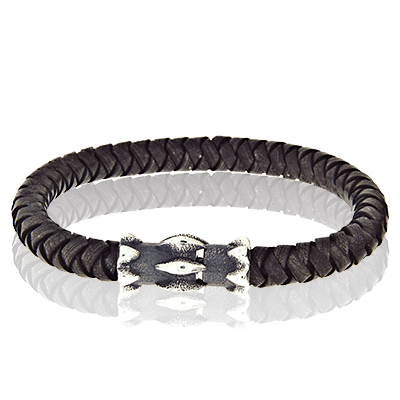 Armband mit geknüpftem Leder und Verschluss in Silber aus der Gremlin Männerschmuck-Kollektion. Männerschmuck kaufen in Zürich bei der Goldschmiede OBSESSION.