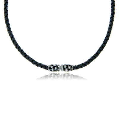 Geknüpftes Ledercollier mit Verschluss in Silber aus der Mikrokosmos Männerschmuck Kollektion. Herrenschmuck kaufen in Zürich bei der Goldschmiede OBSESSION.